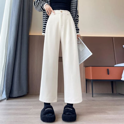 High Waist Plain Cropped Wide Leg Pants - Light Almond / XS