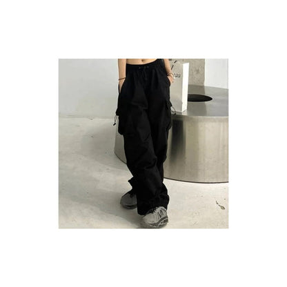 High Waist Plain Drawstring Cargo Baggy Pants