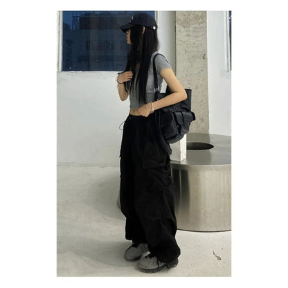 High Waist Plain Drawstring Cargo Baggy Pants