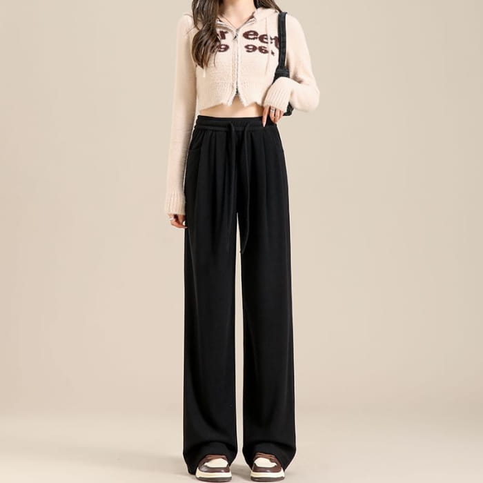 High Waist Plain Drawstring Drape Wide Leg Sweatpants