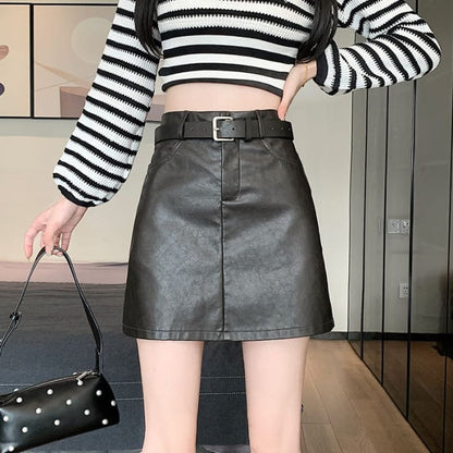 High Waist Plain Faux Leather Mini A-Line Skirt