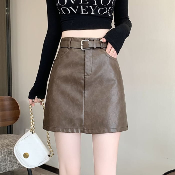 High Waist Plain Faux Leather Mini A-Line Skirt