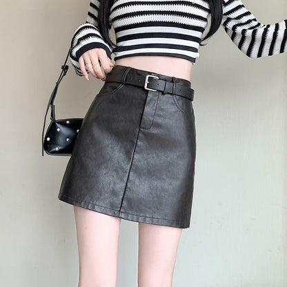 High Waist Plain Faux Leather Mini A-Line Skirt