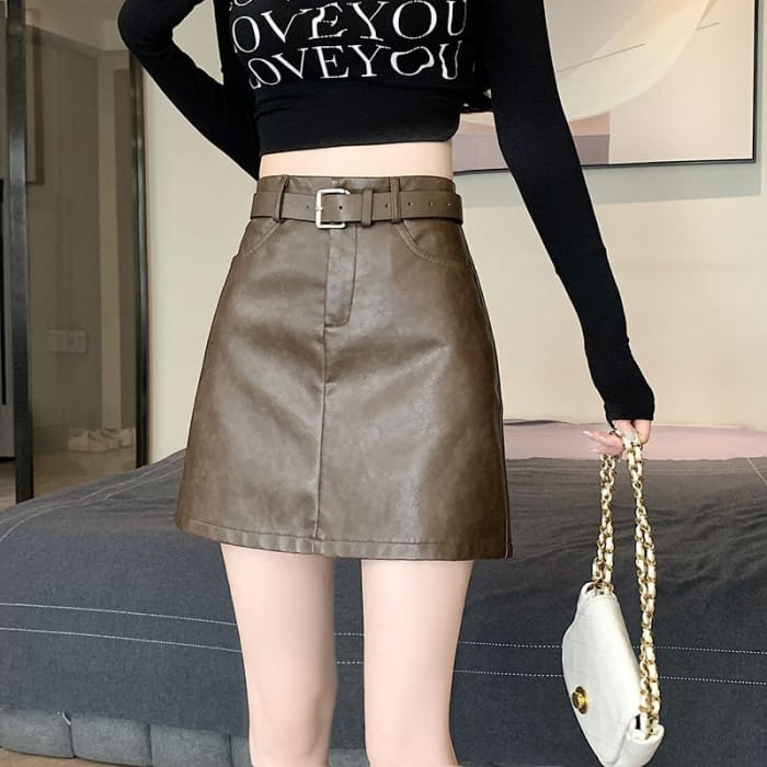 High Waist Plain Faux Leather Mini A-Line Skirt