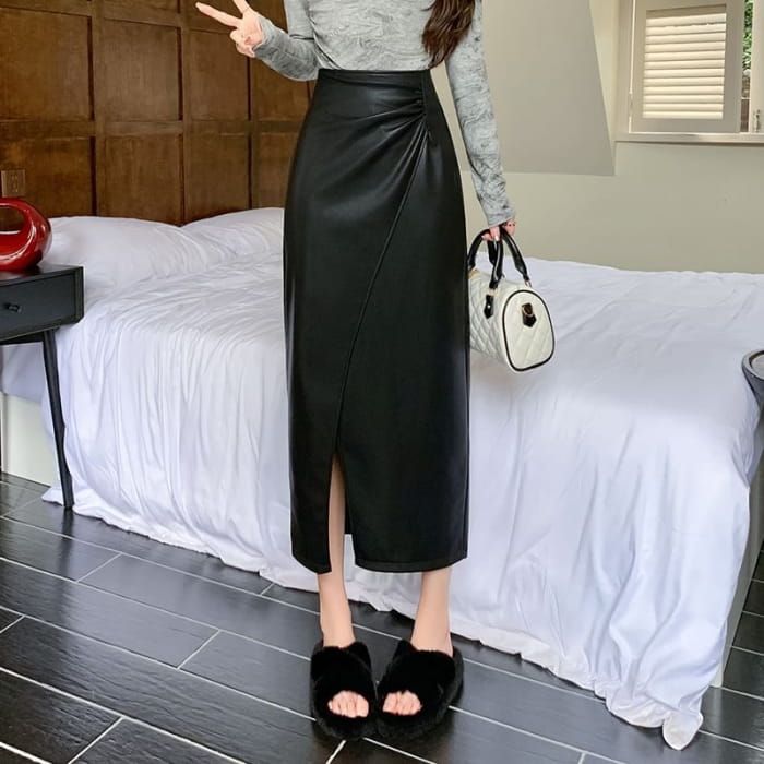 High Waist Plain Faux Leather Slit Midi A-Line Skirt - Pants