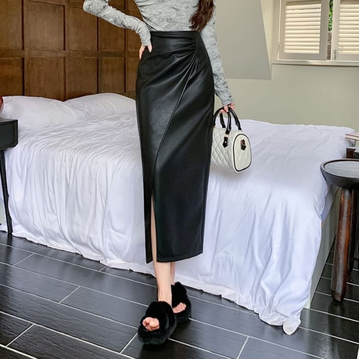 High Waist Plain Faux Leather Slit Midi A-Line Skirt - Pants