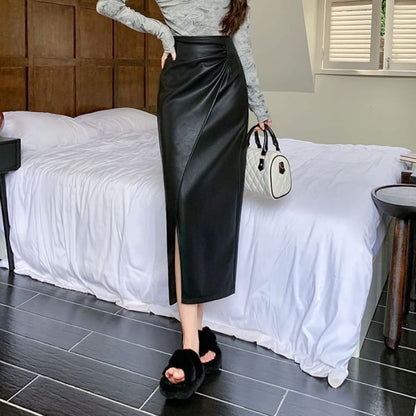 High Waist Plain Faux Leather Slit Midi A-Line Skirt - Pants