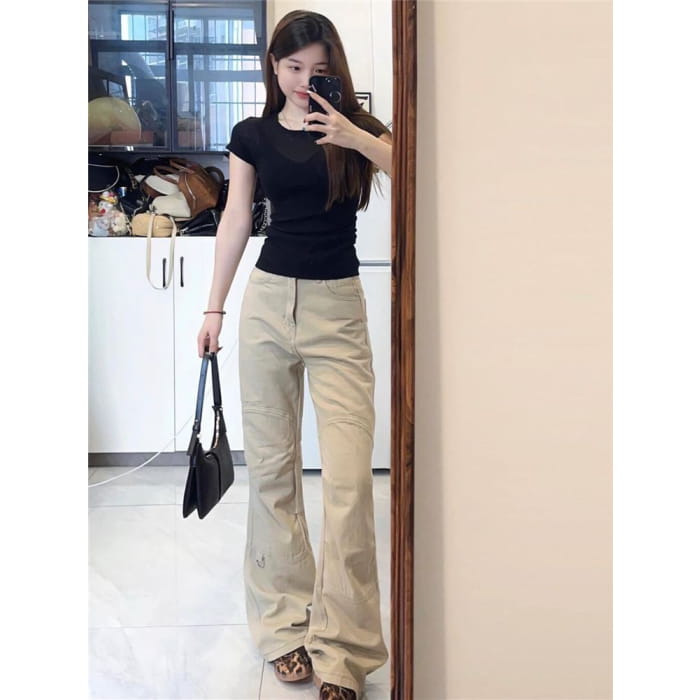 High Waist Plain Flared Cargo Pants (Various Designs)