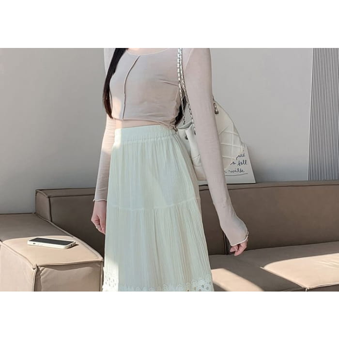 High Waist Plain Lace Panel Midi