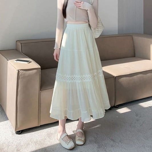 High Waist Plain Lace Panel Midi