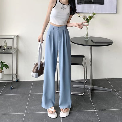 High Waist Plain Loose Fit Dress Pants - Blue / S