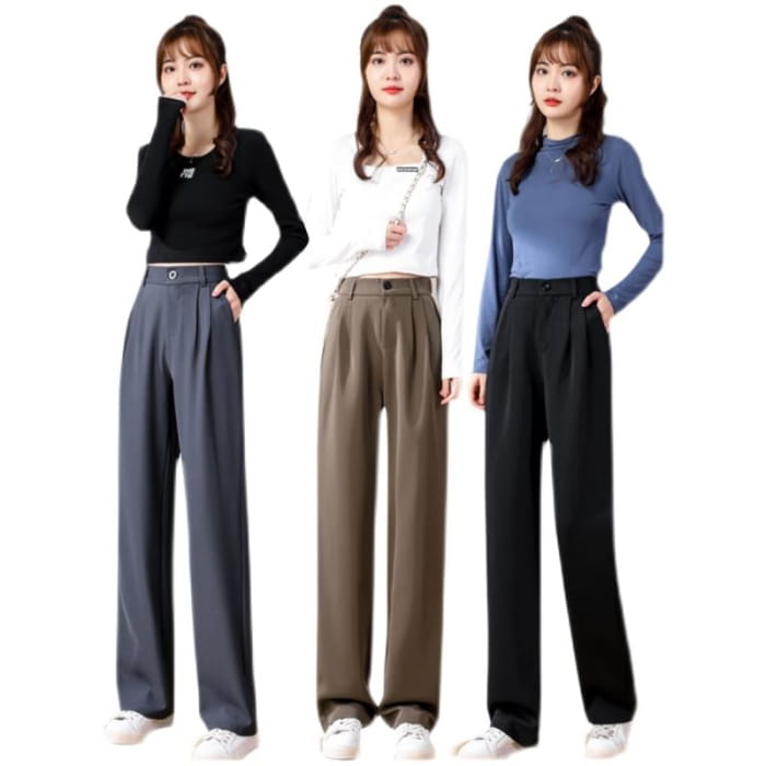 High-Waist Plain Loose Fit Straight Leg Dress Pants