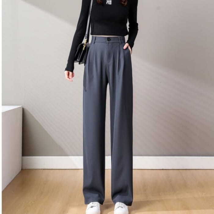 High-Waist Plain Loose Fit Straight Leg Dress Pants