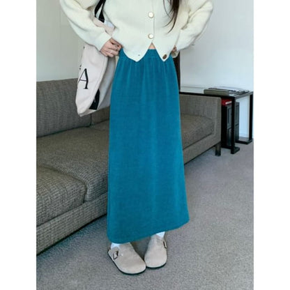 High Waist Plain Maxi A-Line Skirt - Blue / One Size