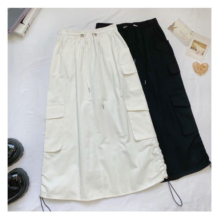 High Waist Plain Midi A-Line Cargo Skirt