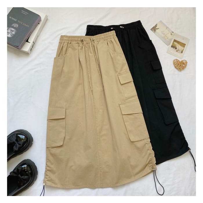 High Waist Plain Midi A-Line Cargo Skirt