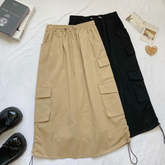 High Waist Plain Midi A-Line Cargo Skirt - Almond / One Size