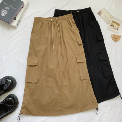 High Waist Plain Midi A-Line Cargo Skirt - Dark Khaki