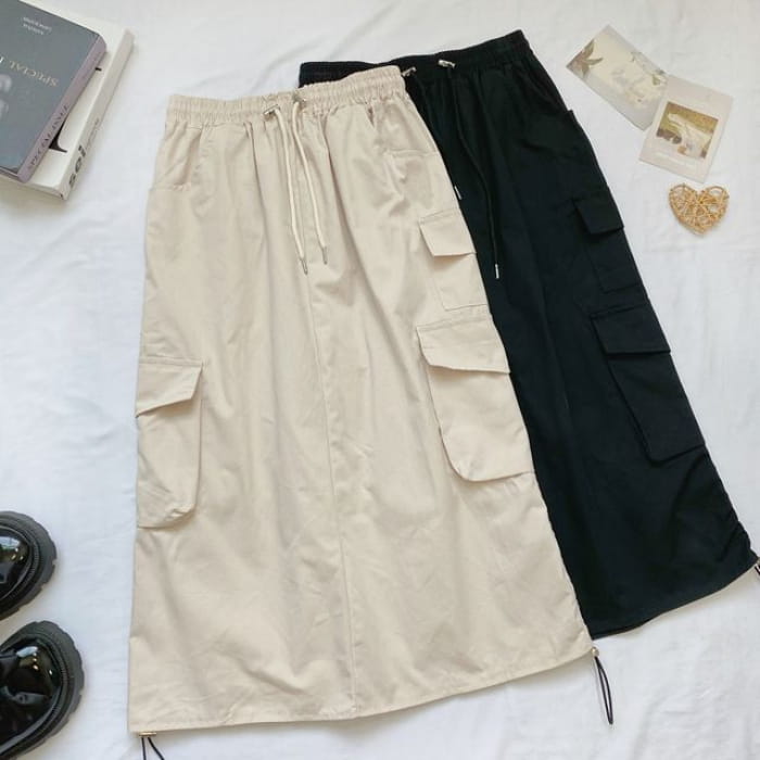 High Waist Plain Midi A-Line Cargo Skirt - Off-White