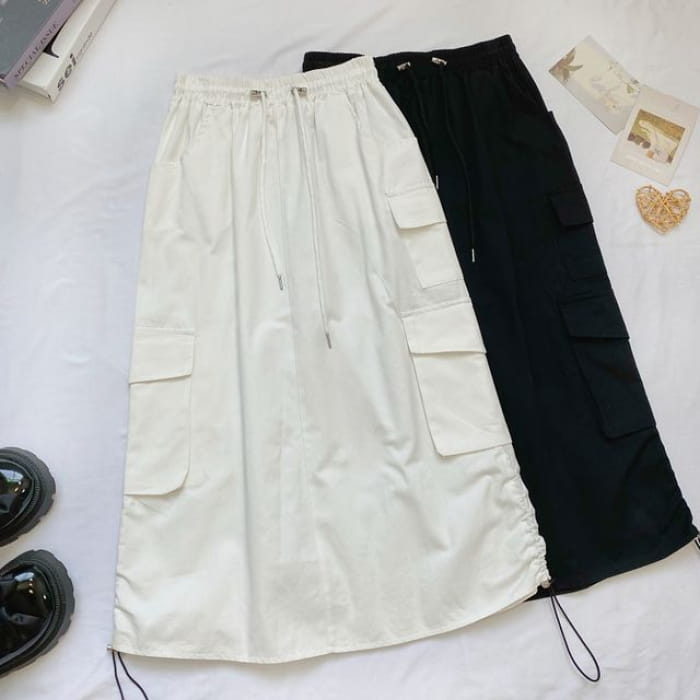 High Waist Plain Midi A-Line Cargo Skirt - White / One Size