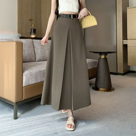 High Waist Plain Pleated Maxi A-Line Skirt