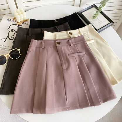 High Waist Plain Pleated Mini A-Line Skirt