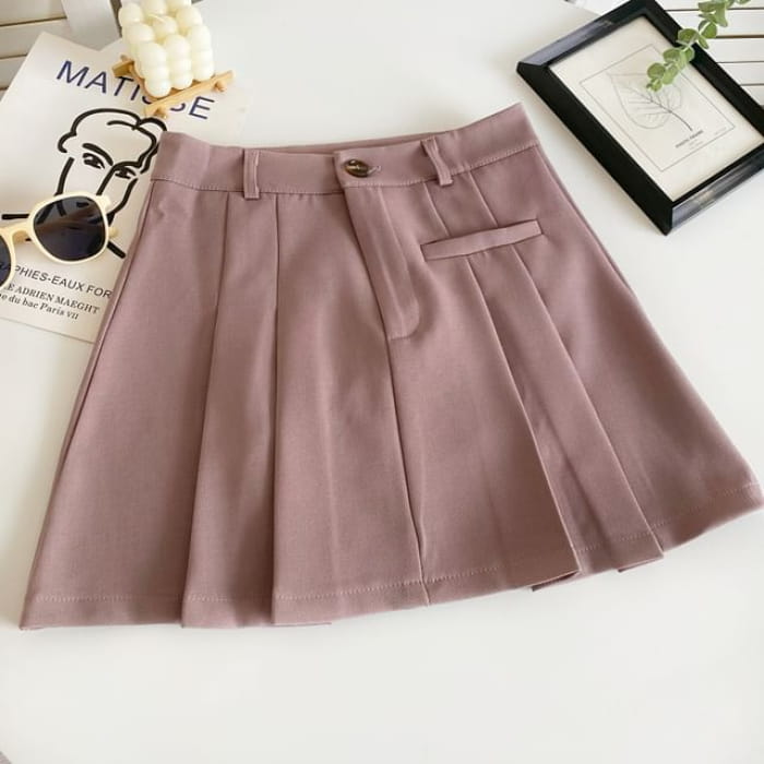 High Waist Plain Pleated Mini A-Line Skirt - Light Purple