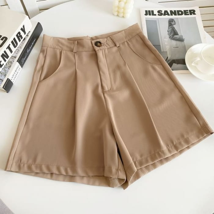 High Waist Plain Shorts - Khaki / M