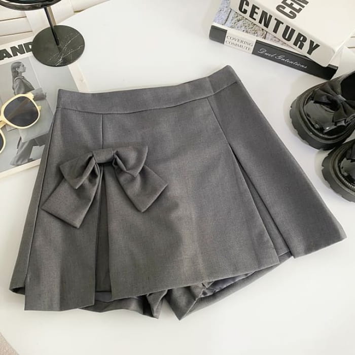 High Waist Plain Side-Slit Skort - Gray / S