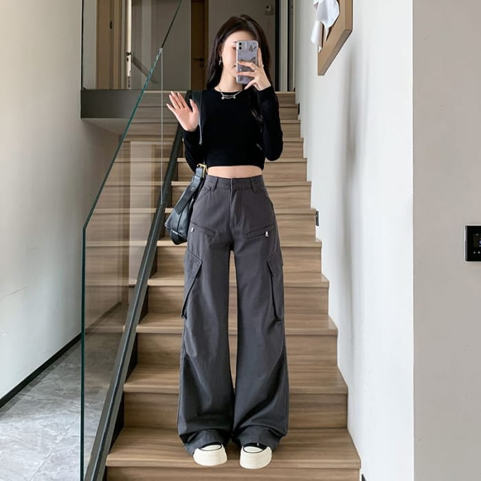 High Waist Plain Wide Leg Cargo Pants