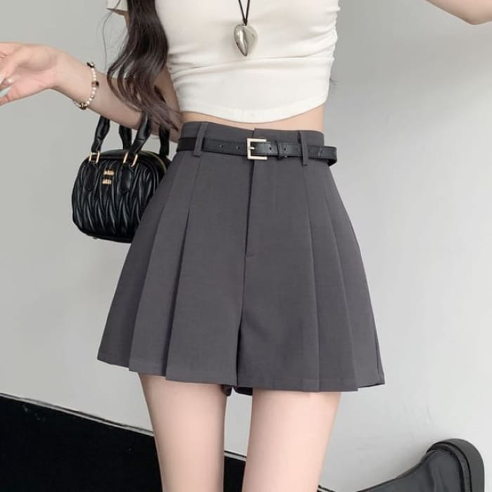 High Waist Plain Wide Leg Dress Shorts - Gray / S