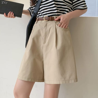 High Waist Plain Wide Leg Shorts - Khaki / XS