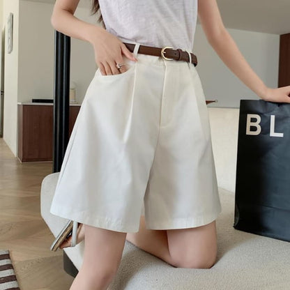 High Waist Plain Wide Leg Shorts - White / XS