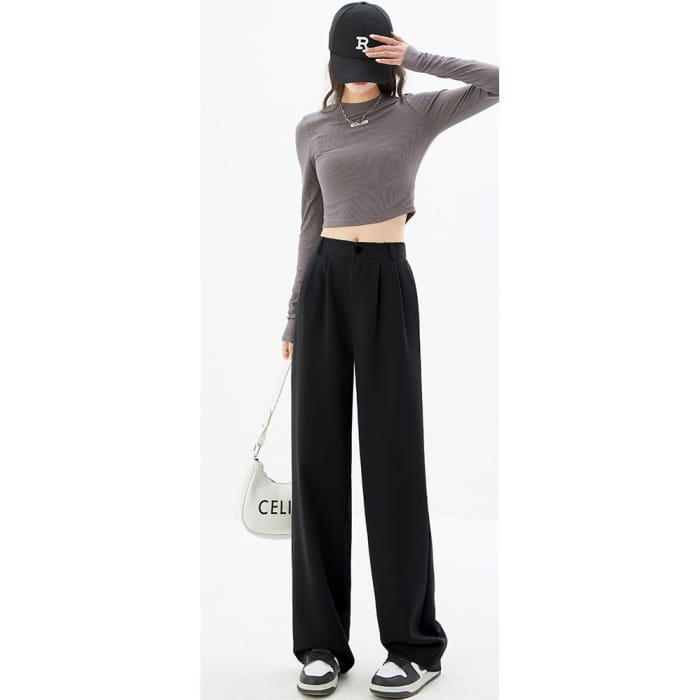 High Waist Plain Wide Leg Slacks