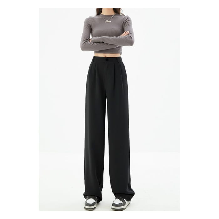 High Waist Plain Wide Leg Slacks