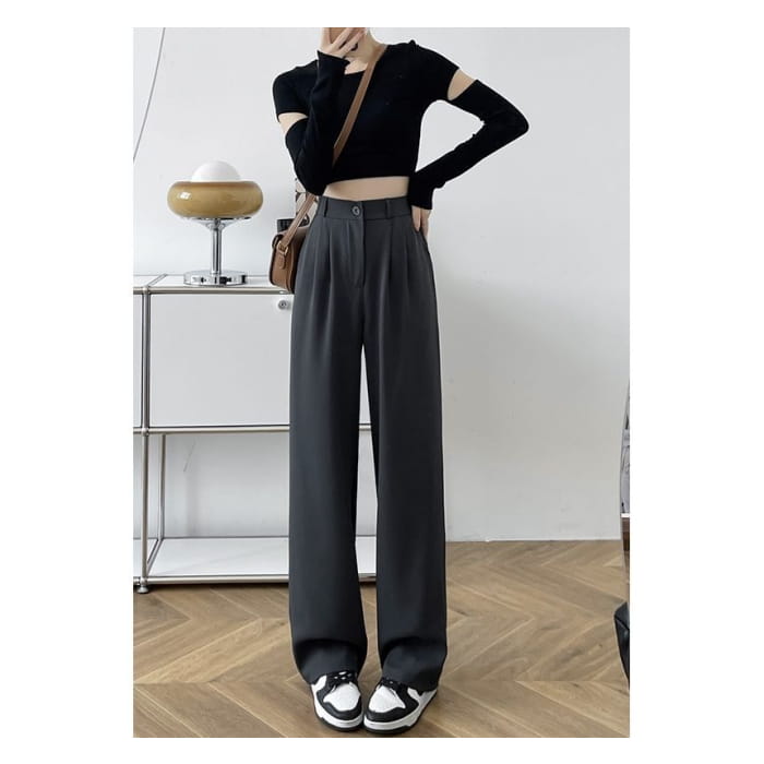 High Waist Plain Wide Leg Slacks