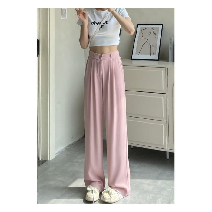 High Waist Plain Wide Leg Slacks