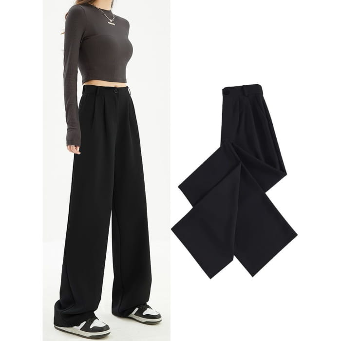 High Waist Plain Wide Leg Slacks