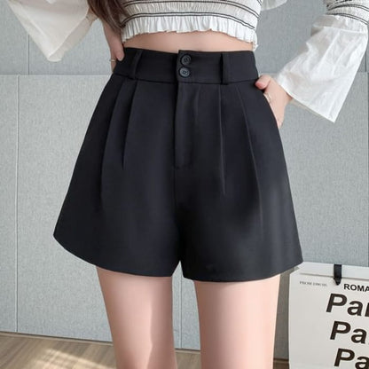 High-Waist Plain Woolen Dress Shorts - Black / S