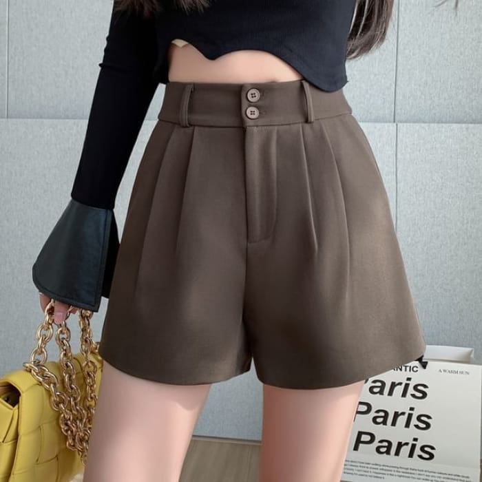 High-Waist Plain Woolen Dress Shorts - Coffee / S