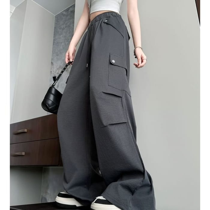 High Waist Pocketed Drawstring Wide Leg Parachute Cargo