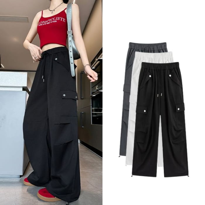 High Waist Pocketed Drawstring Wide Leg Parachute Cargo