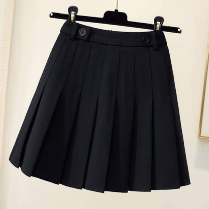 High Waist Pure Color Pleated Skirt - Black / S