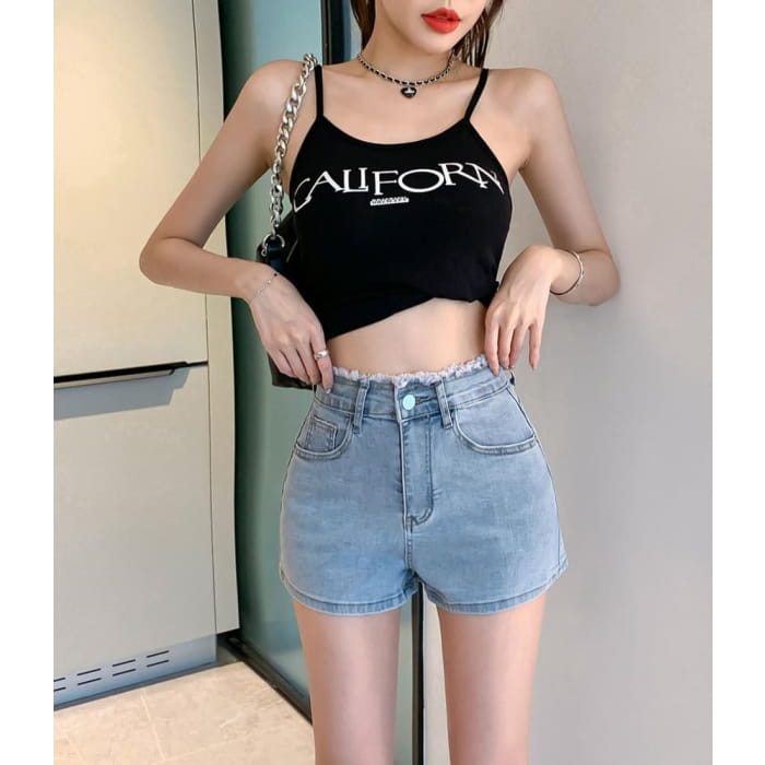 High Waist Ribbon Print Denim Shorts