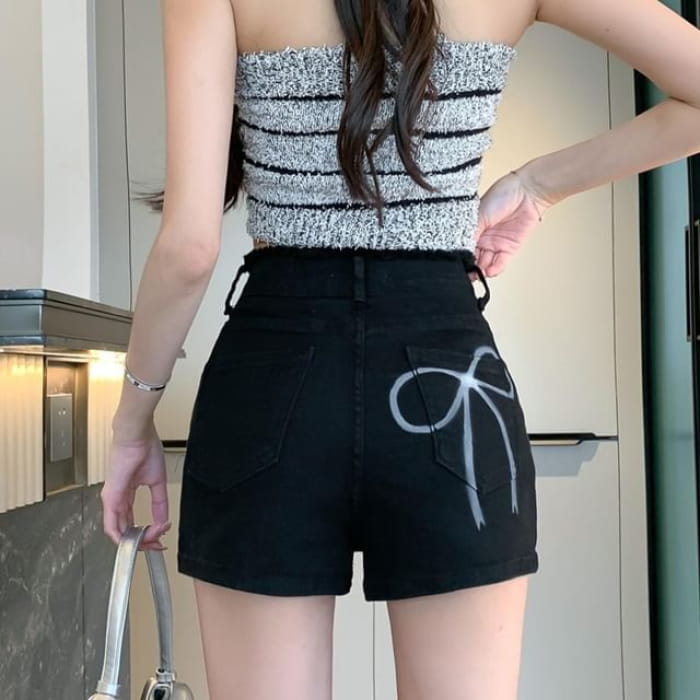 High Waist Ribbon Print Denim Shorts