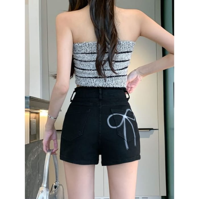 High Waist Ribbon Print Denim Shorts - Black / S