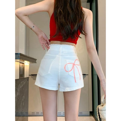 High Waist Ribbon Print Denim Shorts - White / S