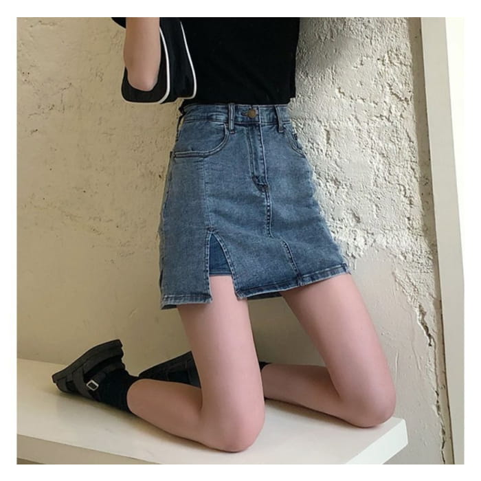 High Waist Slit Denim Mini Pencil Skort