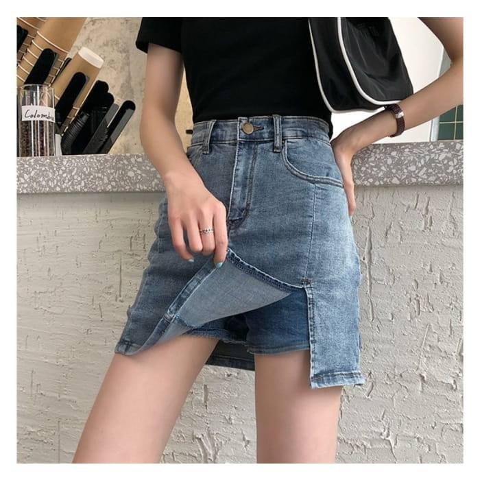 High Waist Slit Denim Mini Pencil Skort