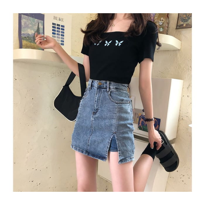 High Waist Slit Denim Mini Pencil Skort